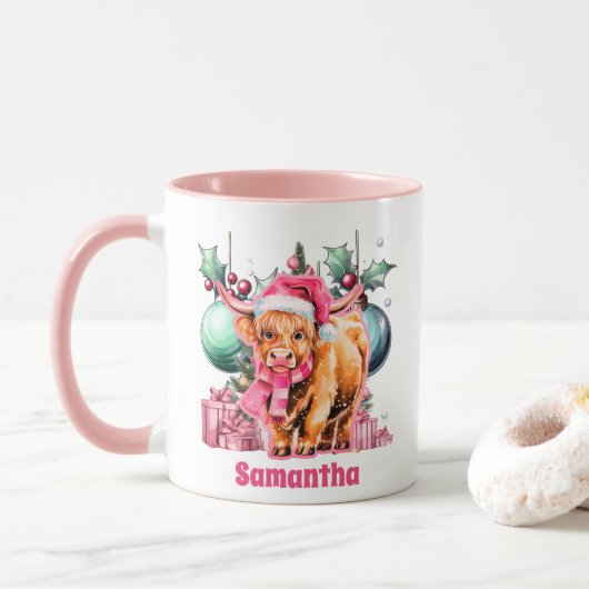 Roze Highland Koe Kerst Kinder Hot Chocolate Mok (Met donut)