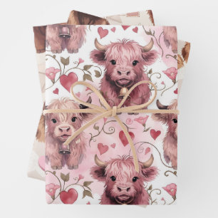 Roze Highland Koe Valentine Harten Inpakpapier Vel