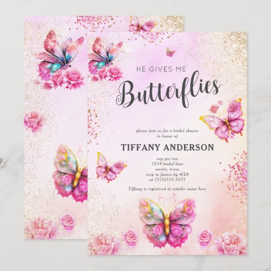 Roze Hij geeft me vlinders Vrijgezellenfeest Kaart (Voorkant / Achterkant)