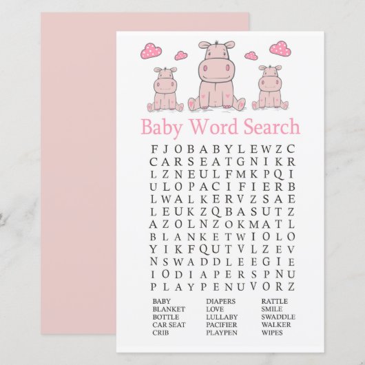 Roze Hippo Baby shower Word Search Game (Voorkant / Achterkant)