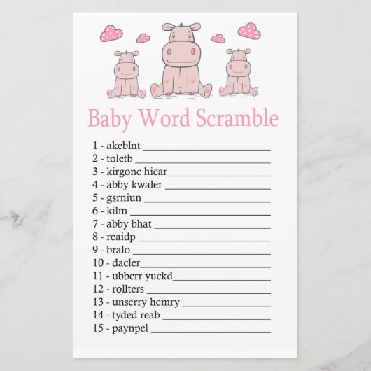 Roze Hippo Baby word scramble game (Voorkant)