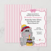 Roze Hippo Birthday Party Invitations Kaart (Voorkant / Achterkant)