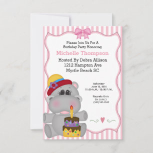 Roze Hippo Birthday Party Invitations Kaart