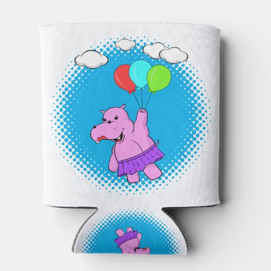 Roze hippo die vliegt met ballonnen blikjeskoeler (Achterkant)