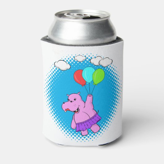 Roze hippo die vliegt met ballonnen blikjeskoeler (Blikje Achterkant)