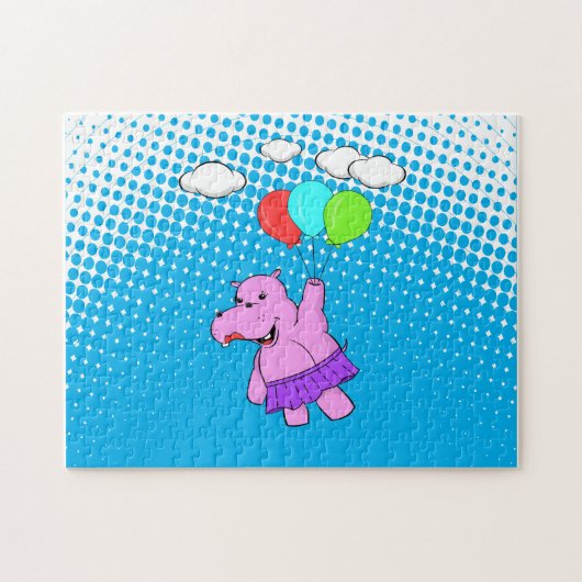 Roze hippo die vliegt met ballonnen en die een bab legpuzzel (Horizontaal)