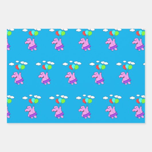 Roze hippo die vliegt met ballonnen inpakpapier vel (Voorkant 3)