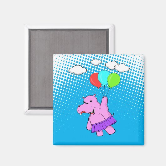 Roze hippo die vliegt met ballonnen magneet (Voorkant / Achterkant)