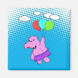 Roze hippo die vliegt met ballonnen magneet
