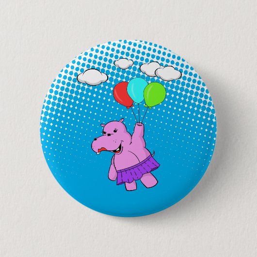 Roze hippo die vliegt met ballonnen ronde button 5,7 cm (Voorkant)