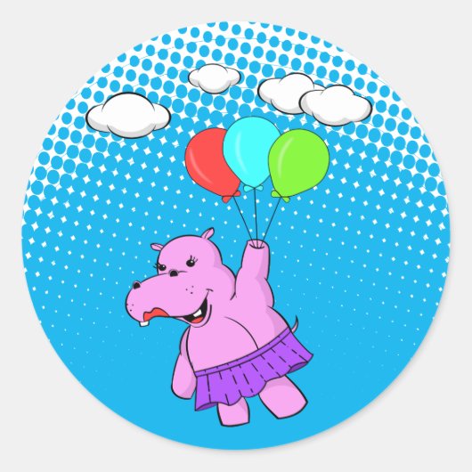 Roze hippo die vliegt met ballonnen ronde sticker (Voorkant)