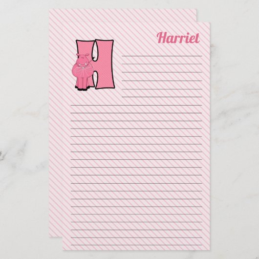 Roze Hippo Mongrammed Letter H Lined Briefpapier (Voorkant / Achterkant)