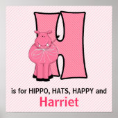 Roze Hippo Monogrammed Letter H Baby Room Poster (Voorkant)