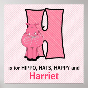 Roze Hippo Monogrammed Letter H Baby Room Poster