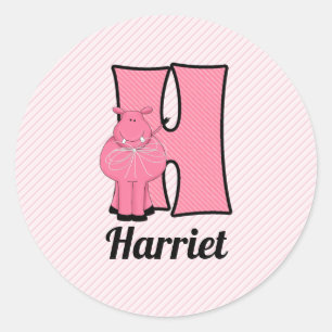 Roze Hippo Monogrammed Letter H met naam Ronde Sticker