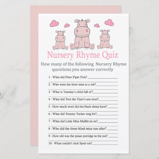 Roze Hippo Nursery Rhyme Quiz baby shower game (Voorkant / Achterkant)