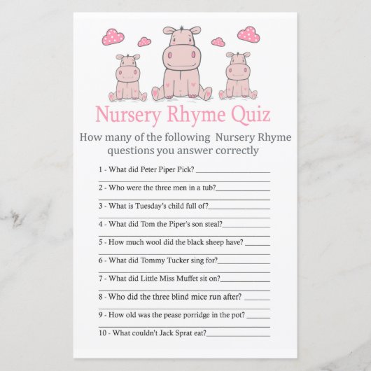 Roze Hippo Nursery Rhyme Quiz baby shower game (Voorkant)