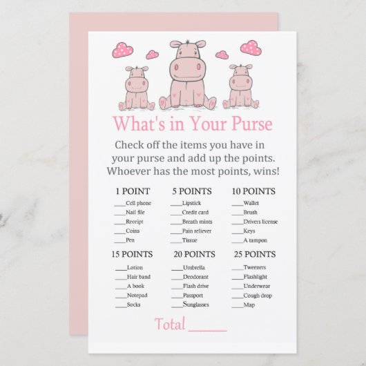 Roze Hippo Wat zit er in je handtas? (Voorkant / Achterkant)