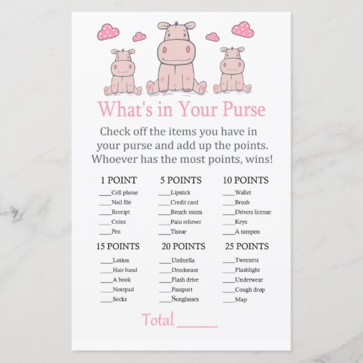 Roze Hippo Wat zit er in je handtas? (Voorkant)