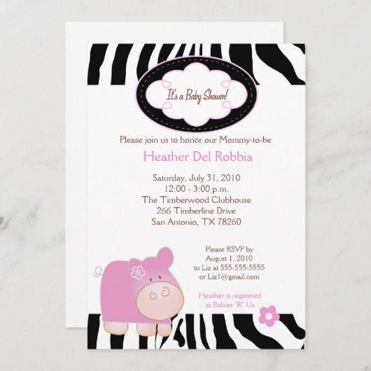 Roze Hippo Zebra Stripe Baby shower Kaart (Voorkant / Achterkant)