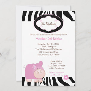 Roze Hippo Zebra Stripe Baby shower Kaart
