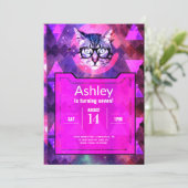 Roze hipster Cat Birthday Uitnodiging (Staand voorkant)