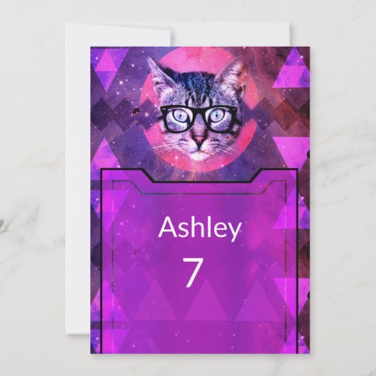 Roze hipster Cat Birthday Uitnodiging (Achterkant)