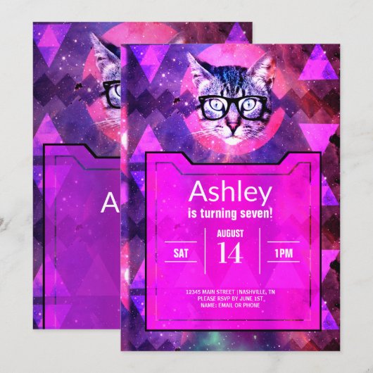 Roze hipster Cat Birthday Uitnodiging (Voorkant / Achterkant)