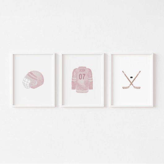 Roze hockey aangepaste naam muur kunst set van 3
