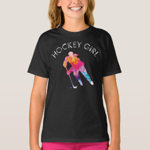 Roze Hockey Girl Player Waterverf Donkere T-shirt