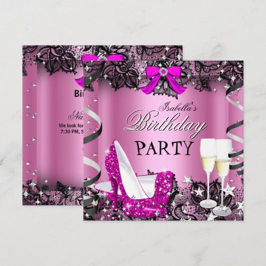 Roze hoge hak champagne zwarte kanten verjaardagsf kaart (Voorkant / Achterkant)
