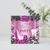Roze hoge hak champagne zwarte kanten verjaardagsf kaart (Staand voorkant)