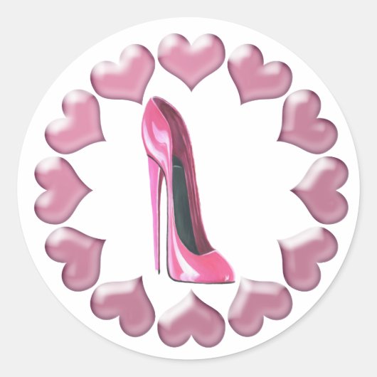 Roze Hoge Hak Stiletto Schoen Kunst & Harten Ronde Sticker (Voorkant)