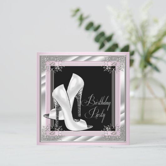 Roze hoge hak verjaardagsfeestje kaart (Staand voorkant)