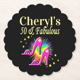 ROZE HOGE HAKKEN GEPERSONALISEERD 50E VERJAARDAG KARTONNEN ONDERZETTERS