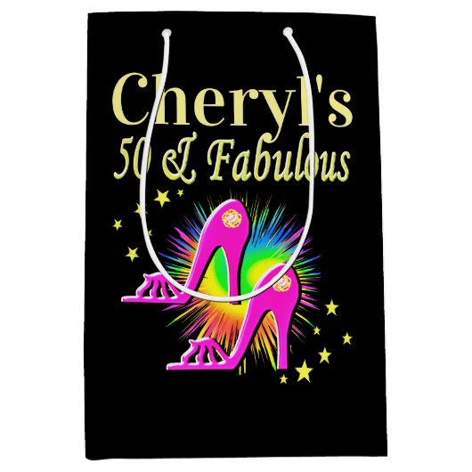 ROZE HOGE HAKKEN GEPERSONALISEERD 50E VERJAARDAG MEDIUM CADEAUZAKJE (Voorkant)