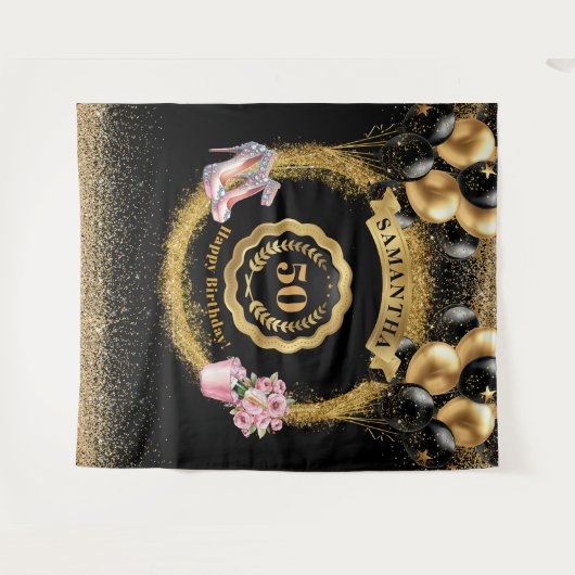 Roze Hoge Hakken Gouden Glitter 50e Verjaardag Wandkleed (Voorkant (horizontaal))