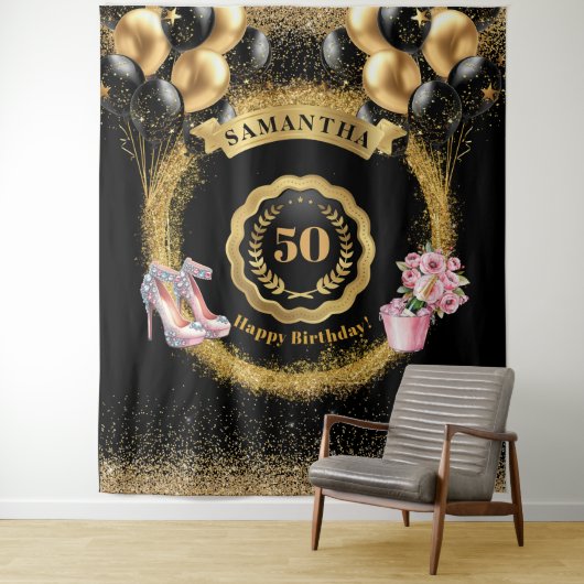 Roze Hoge Hakken Gouden Glitter 50e Verjaardag Wandkleed (In situ)