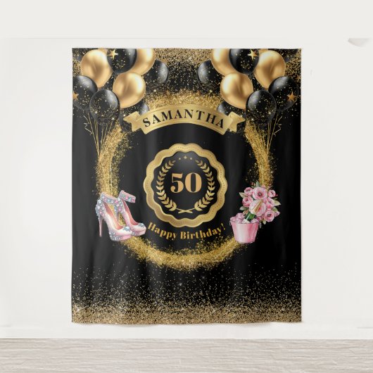 Roze Hoge Hakken Gouden Glitter 50e Verjaardag Wandkleed (Voorkant)