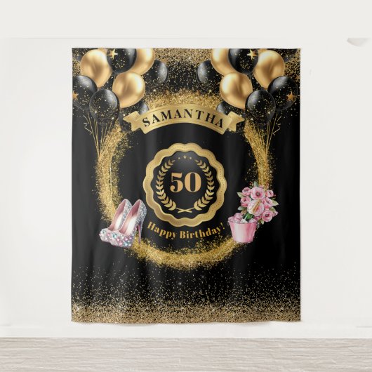 Roze Hoge Hakken Gouden Glitter 50ste Verjaardag D Wandkleed (Voorkant)