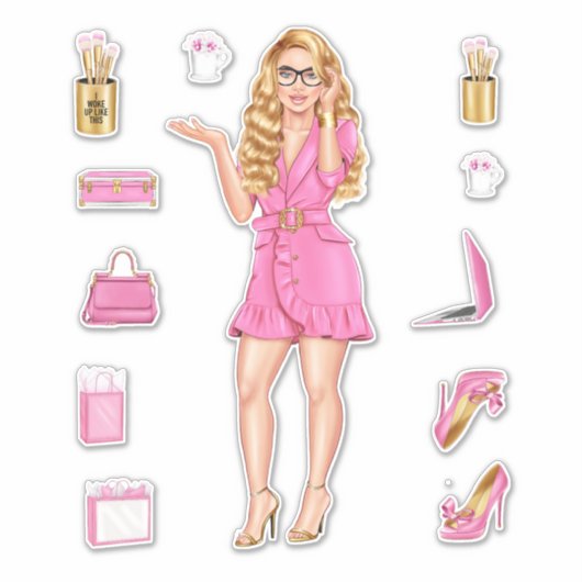 Roze Hoge Mode Blondine Vrouwen Planner Decals Sticker (Voorkant)