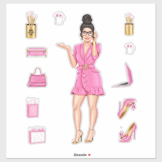 Roze Hoge Mode Brunette Vrouwen Planner Decals Sticker (Vel)
