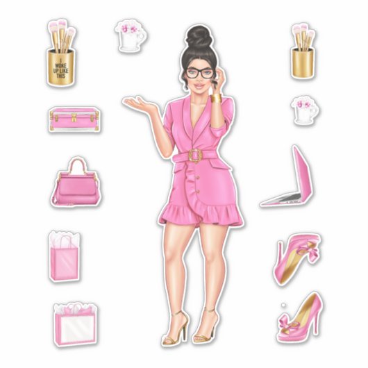 Roze Hoge Mode Brunette Vrouwen Planner Decals Sticker (Voorkant)