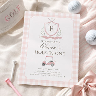Roze 'Hole in One' Gingham Verjaardagsuitnodiging Kaart