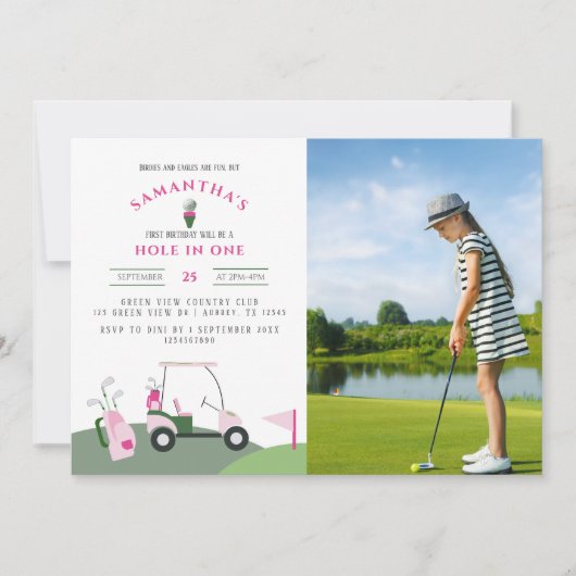 Roze Hole in One Golf 1e Verjaardag Par-t-shirt Fo Kaart (Voorkant)