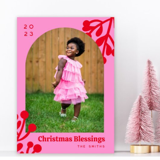 Roze Holly bessen Kerstmis foto boog Feestdagenkaart