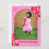 Roze Holly bessen Kerstmis foto boog Feestdagenkaart (Voorkant)