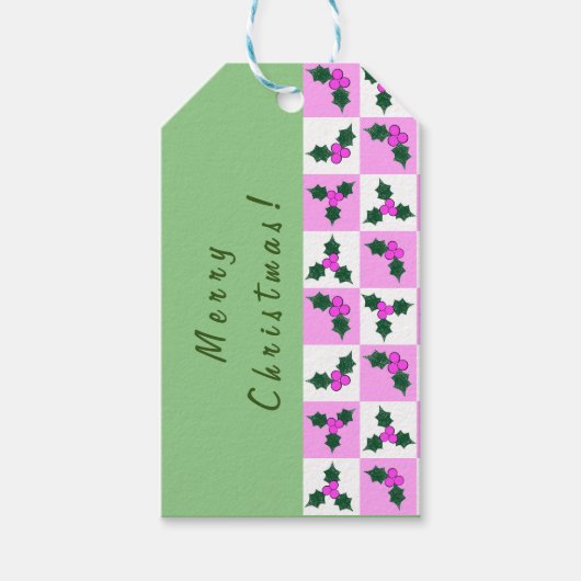 Roze Holly geruit patroon Cadeaulabel (Voorkant)