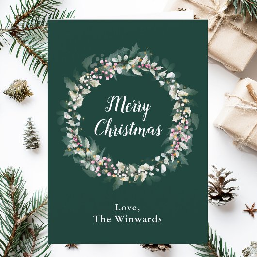 Roze Holly Krans Vrolijk Kerstfeest Feestdagen Kaart
