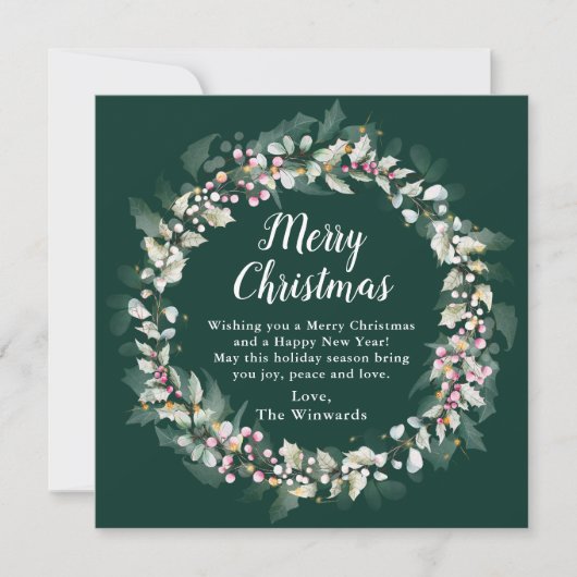Roze Holly Krans Vrolijk Kerstfeest Feestdagenkaart (Voorkant)